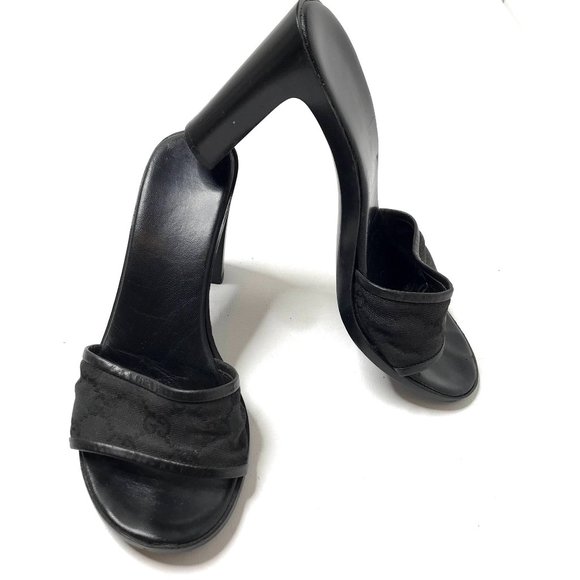 Gucci black monogram open toe mule block heel - Picture 1 of 11